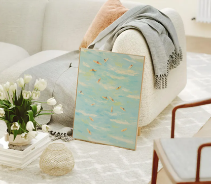 Beach Surf Painting – Aerial Ocean Art Print, Coastal Wall Decor