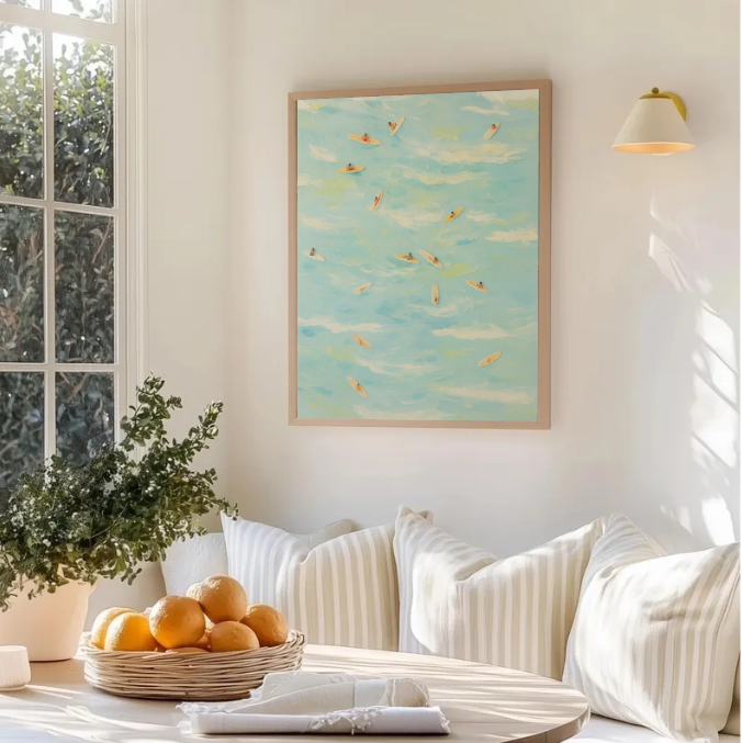 Beach Surf Painting – Aerial Ocean Art Print, Coastal Wall Decor