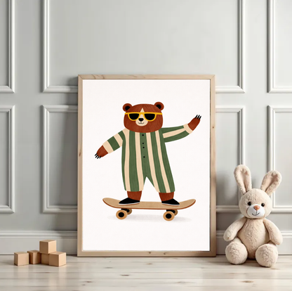 Skateboarding Bear Wall Art Print, Cute Animal Nursery Decor, Playful Kids Room Illustration, Modern Scandinavian Children’s Art, Printable Digital Download
