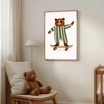 Skateboarding Bear Wall Art Print, Cute Animal Nursery Decor, Playful Kids Room Illustration, Modern Scandinavian Children’s Art, Printable Digital Download