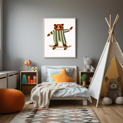 Skateboarding Bear Wall Art Print, Cute Animal Nursery Decor, Playful Kids Room Illustration, Modern Scandinavian Children’s Art, Printable Digital Download