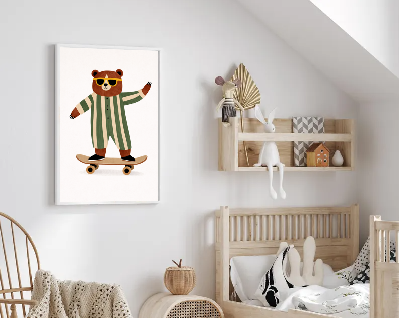 Skateboarding Bear Wall Art Print, Cute Animal Nursery Decor, Playful Kids Room Illustration, Modern Scandinavian Children’s Art, Printable Digital Download