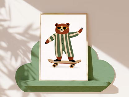 Skateboarding Bear Wall Art Print, Cute Animal Nursery Decor, Playful Kids Room Illustration, Modern Scandinavian Children’s Art, Printable Digital Download