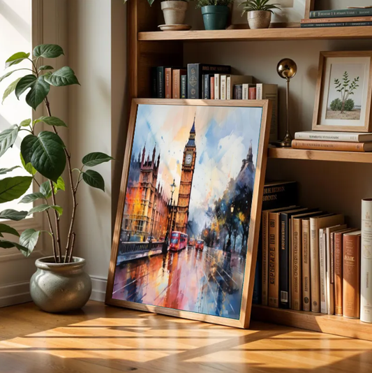 London in the Rain — Big Ben Watercolor Cityscape Wall Art
