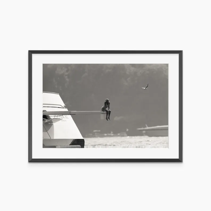 Minimalist Black and White Boat Photography, Solitude at Sea Wall Art, Cinematic Coastal Scene, Modern Moody Ocean Print, Printable Digital Download
