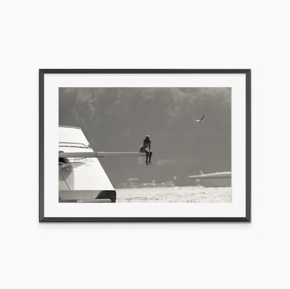 Minimalist Black and White Boat Photography, Solitude at Sea Wall Art, Cinematic Coastal Scene, Modern Moody Ocean Print, Printable Digital Download