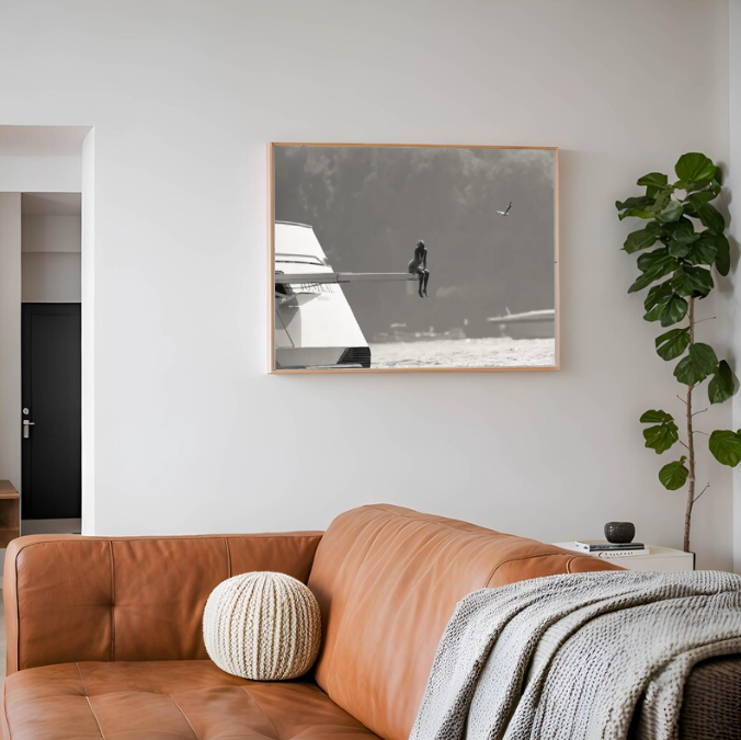 Minimalist Black and White Boat Photography, Solitude at Sea Wall Art, Cinematic Coastal Scene, Modern Moody Ocean Print, Printable Digital Download