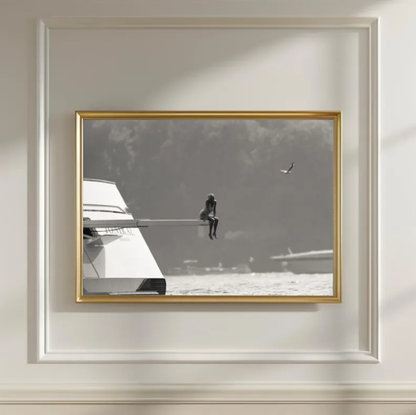 Minimalist Black and White Boat Photography, Solitude at Sea Wall Art, Cinematic Coastal Scene, Modern Moody Ocean Print, Printable Digital Download