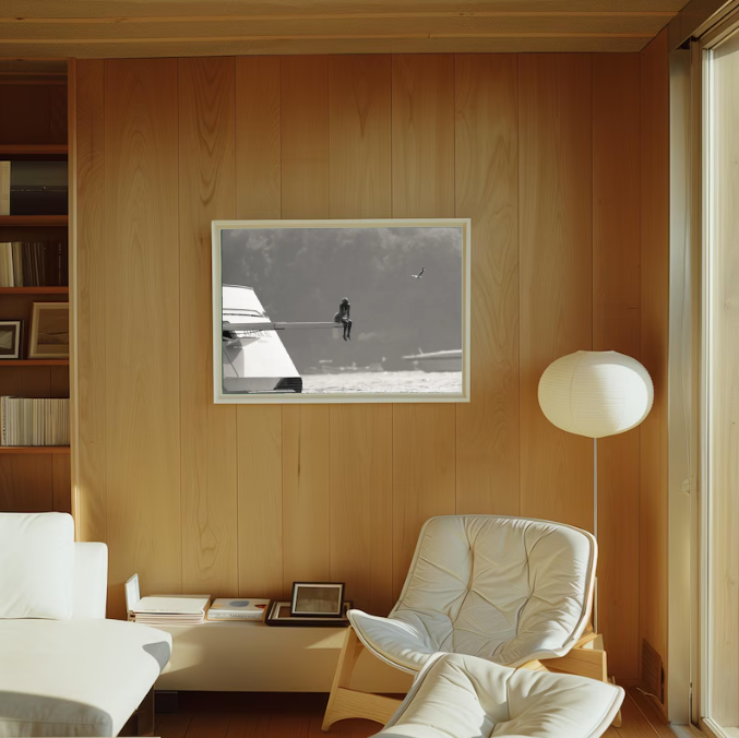 Minimalist Black and White Boat Photography, Solitude at Sea Wall Art, Cinematic Coastal Scene, Modern Moody Ocean Print, Printable Digital Download