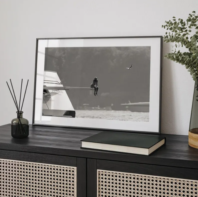 Minimalist Black and White Boat Photography, Solitude at Sea Wall Art, Cinematic Coastal Scene, Modern Moody Ocean Print, Printable Digital Download