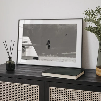 Minimalist Black and White Boat Photography, Solitude at Sea Wall Art, Cinematic Coastal Scene, Modern Moody Ocean Print, Printable Digital Download