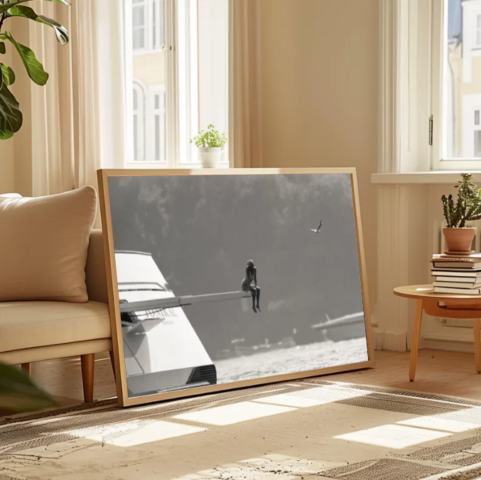 Minimalist Black and White Boat Photography, Solitude at Sea Wall Art, Cinematic Coastal Scene, Modern Moody Ocean Print, Printable Digital Download