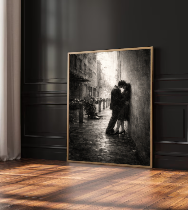 Moody Black and White Romance Wall Art, Rainy City Love Scene, Vintage Street Photography, Cinematic Parisian Kiss, Printable Digital Download