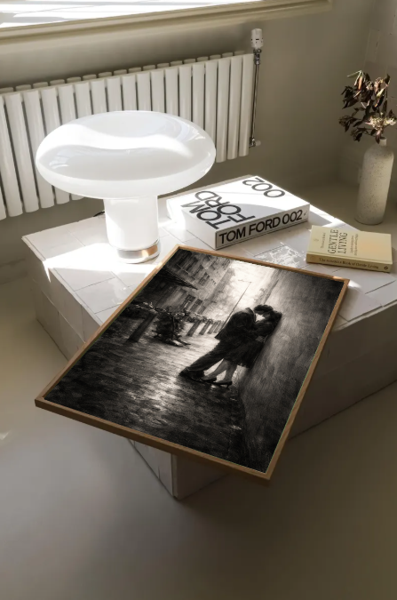 Moody Black and White Romance Wall Art, Rainy City Love Scene, Vintage Street Photography, Cinematic Parisian Kiss, Printable Digital Download