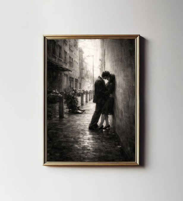 Moody Black and White Romance Wall Art, Rainy City Love Scene, Vintage Street Photography, Cinematic Parisian Kiss, Printable Digital Download