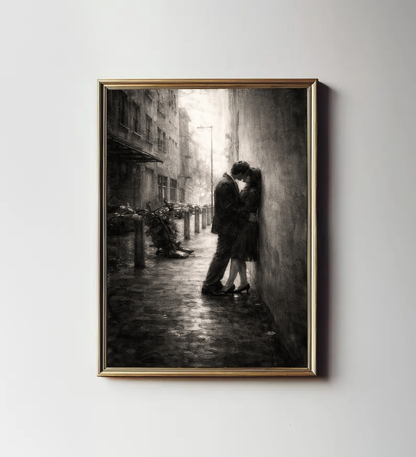 Moody Black and White Romance Wall Art, Rainy City Love Scene, Vintage Street Photography, Cinematic Parisian Kiss, Printable Digital Download