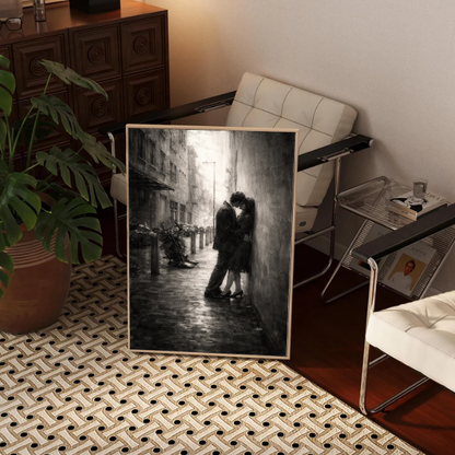 Moody Black and White Romance Wall Art, Rainy City Love Scene, Vintage Street Photography, Cinematic Parisian Kiss, Printable Digital Download