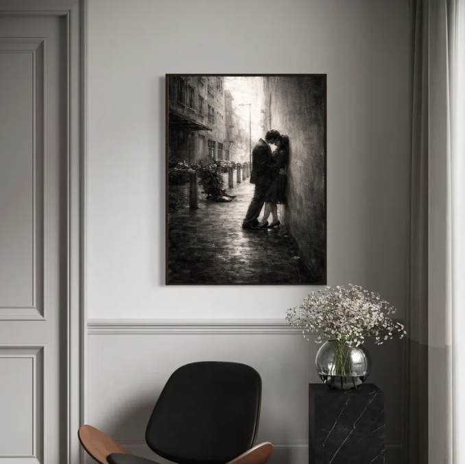 Moody Black and White Romance Wall Art, Rainy City Love Scene, Vintage Street Photography, Cinematic Parisian Kiss, Printable Digital Download