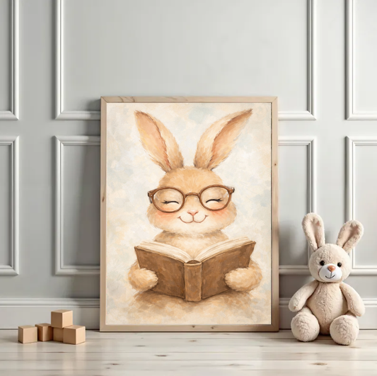 Cute Bunny Reading Wall Art Printable, Nursery Book Lover Decor, Watercolor Rabbit Illustration, Neutral Kids Room Art, Cottagecore Nursery Download