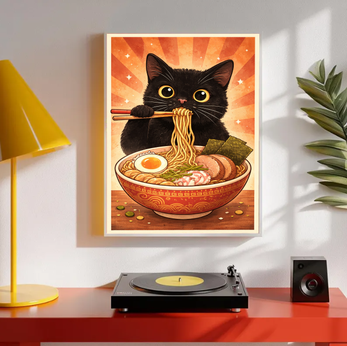Kawaii Ramen Cat Art Print – Cute Black Cat Wall Decor, Anime Kitchen Poster, Whimsical Food Illustration