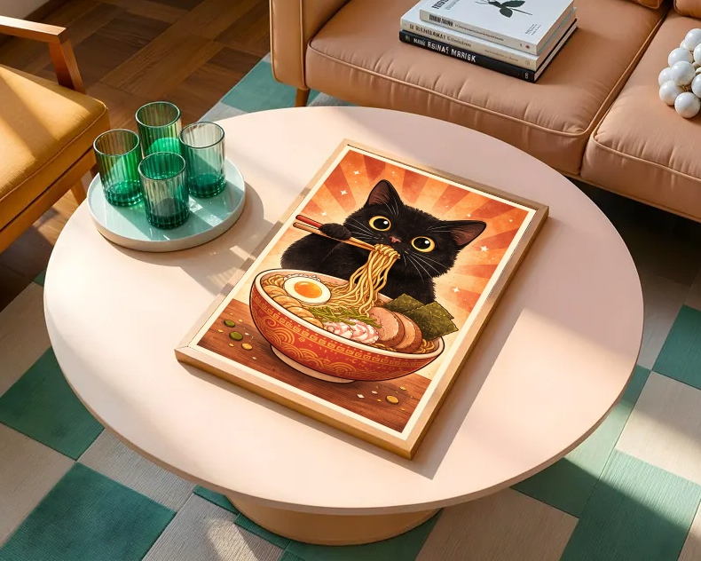 Kawaii Ramen Cat Art Print – Cute Black Cat Wall Decor, Anime Kitchen Poster, Whimsical Food Illustration