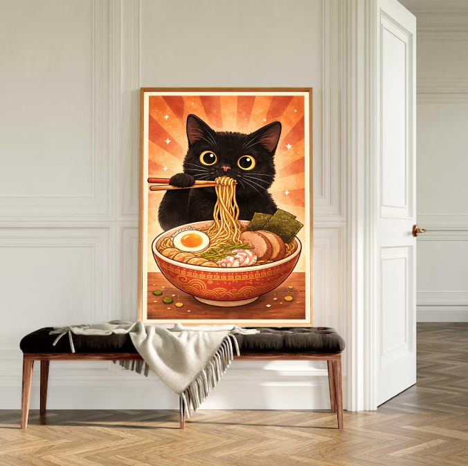 Kawaii Ramen Cat Art Print – Cute Black Cat Wall Decor, Anime Kitchen Poster, Whimsical Food Illustration