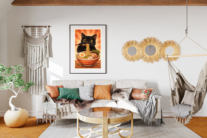 Kawaii Ramen Cat Art Print – Cute Black Cat Wall Decor, Anime Kitchen Poster, Whimsical Food Illustration