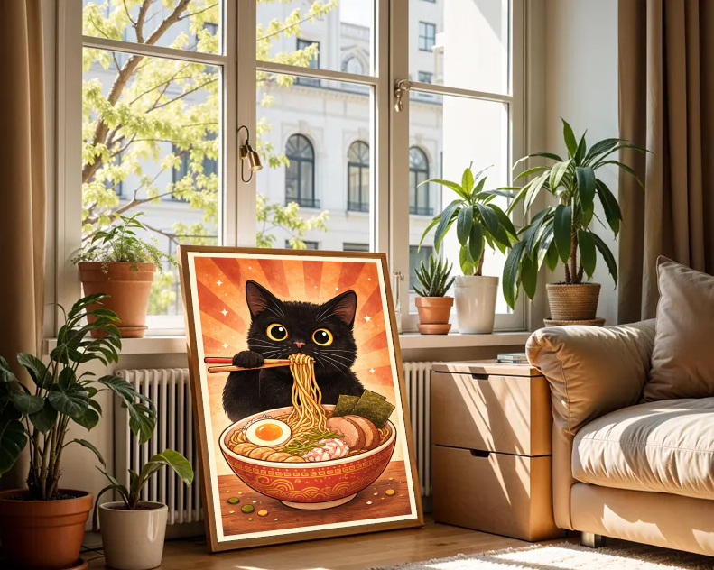 Kawaii Ramen Cat Art Print – Cute Black Cat Wall Decor, Anime Kitchen Poster, Whimsical Food Illustration
