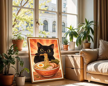 Kawaii Ramen Cat Art Print – Cute Black Cat Wall Decor, Anime Kitchen Poster, Whimsical Food Illustration