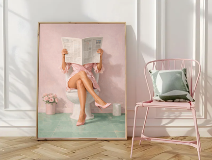 Chic Bathroom Wall Art – Woman Reading Newspaper on Toilet | Funny Minimalist Pink Aesthetic Decor, Modern Feminine Home Print