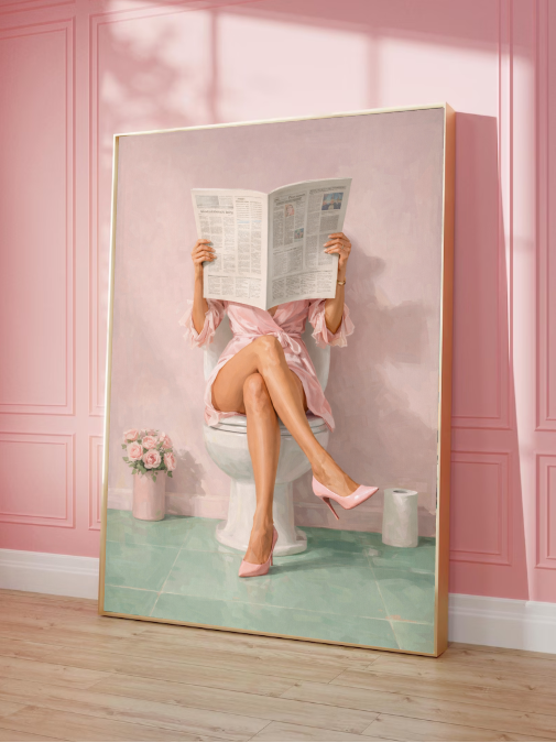 Chic Bathroom Wall Art – Woman Reading Newspaper on Toilet | Funny Minimalist Pink Aesthetic Decor, Modern Feminine Home Print