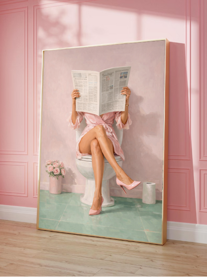 Chic Bathroom Wall Art – Woman Reading Newspaper on Toilet | Funny Minimalist Pink Aesthetic Decor, Modern Feminine Home Print