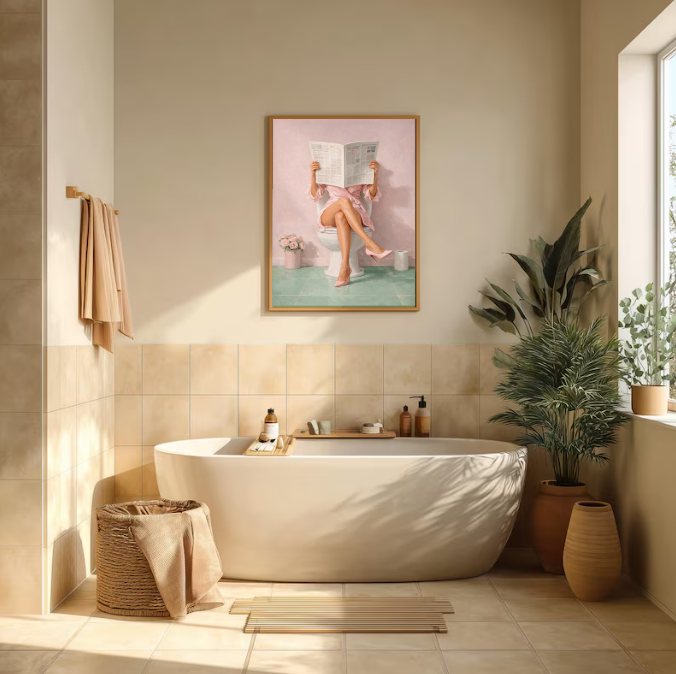 Chic Bathroom Wall Art – Woman Reading Newspaper on Toilet | Funny Minimalist Pink Aesthetic Decor, Modern Feminine Home Print
