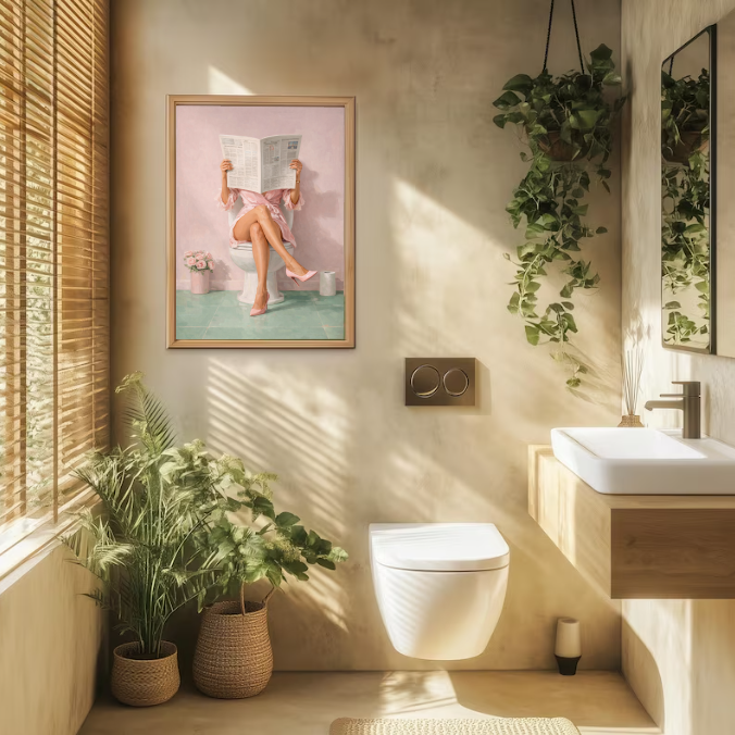 Chic Bathroom Wall Art – Woman Reading Newspaper on Toilet | Funny Minimalist Pink Aesthetic Decor, Modern Feminine Home Print