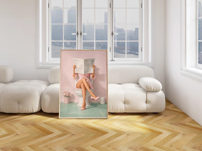 Chic Bathroom Wall Art – Woman Reading Newspaper on Toilet | Funny Minimalist Pink Aesthetic Decor, Modern Feminine Home Print