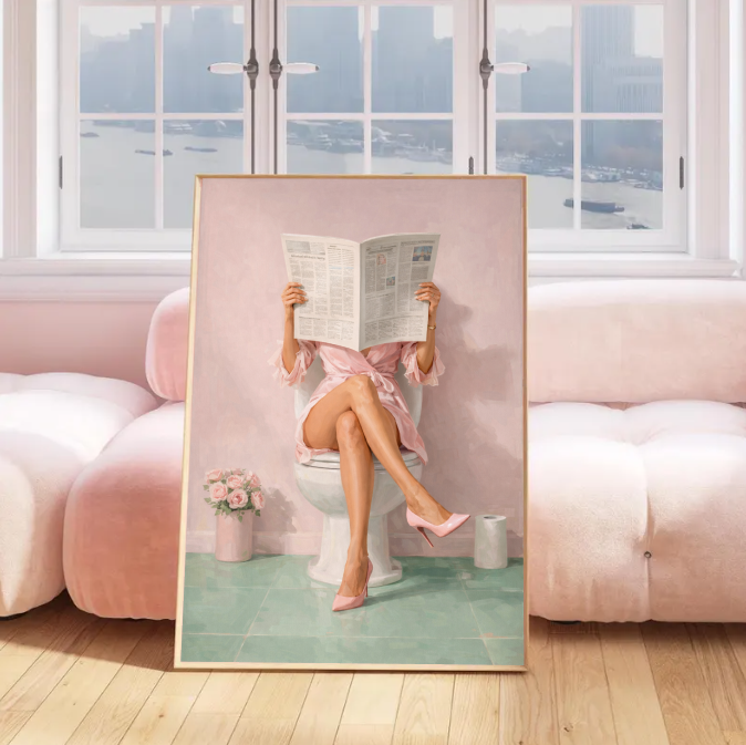 Chic Bathroom Wall Art – Woman Reading Newspaper on Toilet | Funny Minimalist Pink Aesthetic Decor, Modern Feminine Home Print