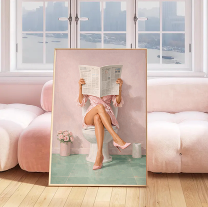 Chic Bathroom Wall Art – Woman Reading Newspaper on Toilet | Funny Minimalist Pink Aesthetic Decor, Modern Feminine Home Print
