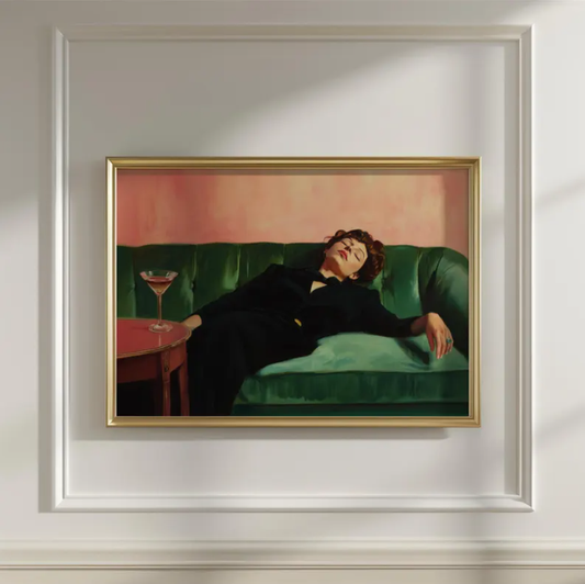 Vintage Luxe Woman on Velvet Sofa — Cinematic Retro Art Print