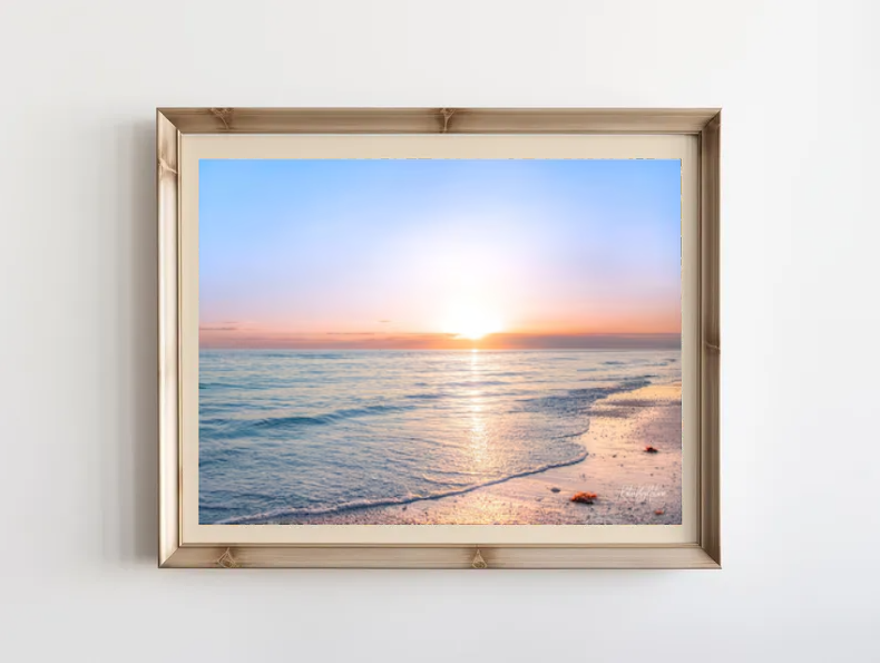 Golden Sunrise Over the Ocean — Calm Coastal Seascape Wall Art Print