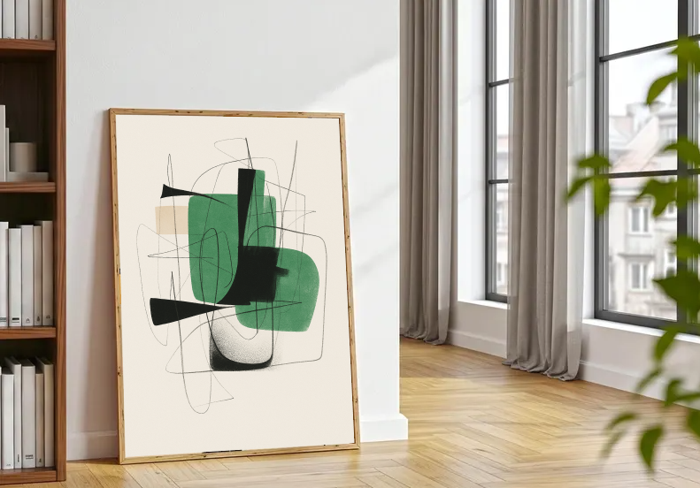 Contemporary Abstract Printable – Green and Black Minimalist Art, Mid Century Modern Wall Art, Neutral Home Decor Print