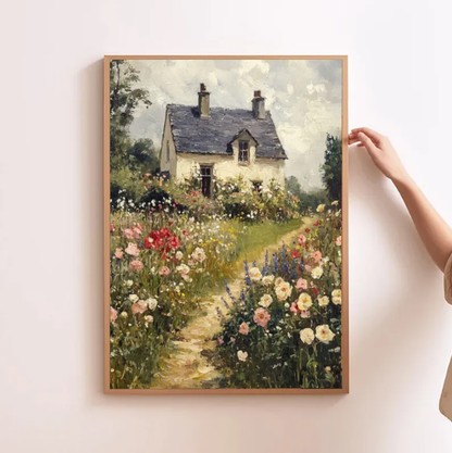 Cottage Garden Floral Landscape — Romantic Country House Wall Art Print