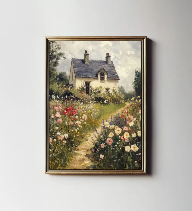 Cottage Garden Floral Landscape — Romantic Country House Wall Art Print