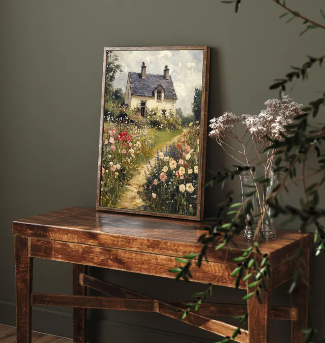 Cottage Garden Floral Landscape — Romantic Country House Wall Art Print