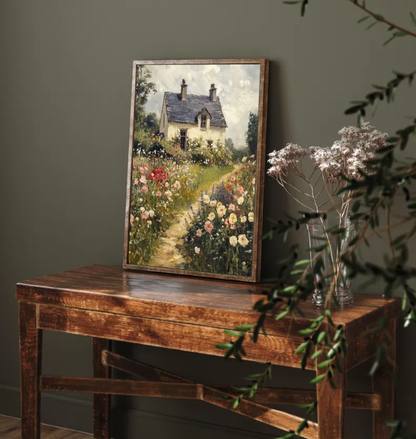 Cottage Garden Floral Landscape — Romantic Country House Wall Art Print