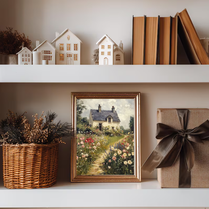 Cottage Garden Floral Landscape — Romantic Country House Wall Art Print