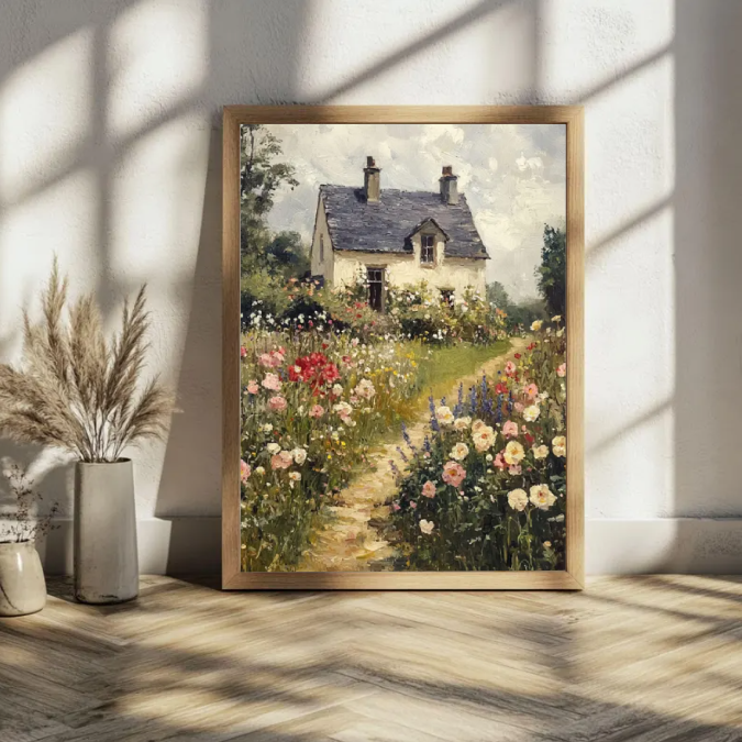 Cottage Garden Floral Landscape — Romantic Country House Wall Art Print