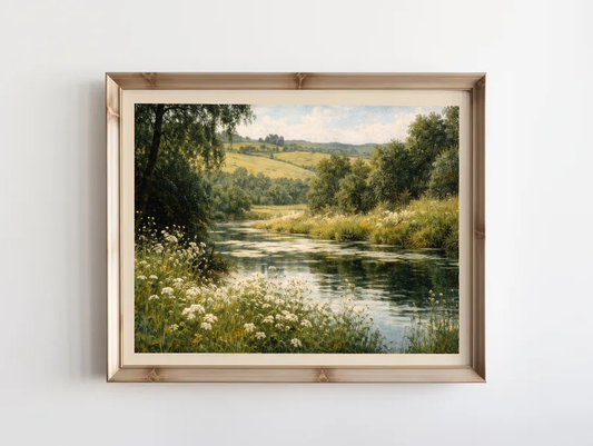 English Countryside River Landscape Print, Vintage Pastoral Wall Art, Cottagecore Nature Painting, Tranquil Meadow & Stream Decor, Printable Digital Download
