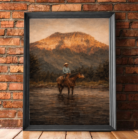 Western Cowboy Wall Art Print, Rustic Horse Landscape Painting, Mountain Western Decor, Vintage Americana Art, Printable Digital Download