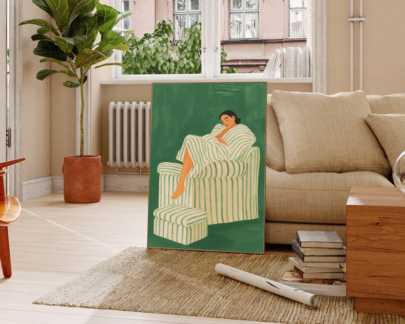 Comfort Chair Art Print – Neutral Relaxing Woman Artwork, Modern Interior Wall Art