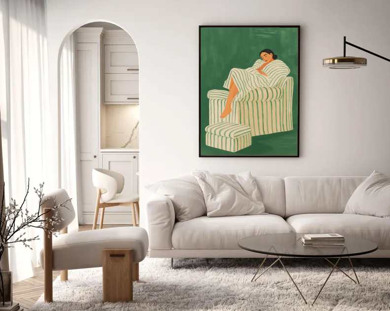 Comfort Chair Art Print – Neutral Relaxing Woman Artwork, Modern Interior Wall Art